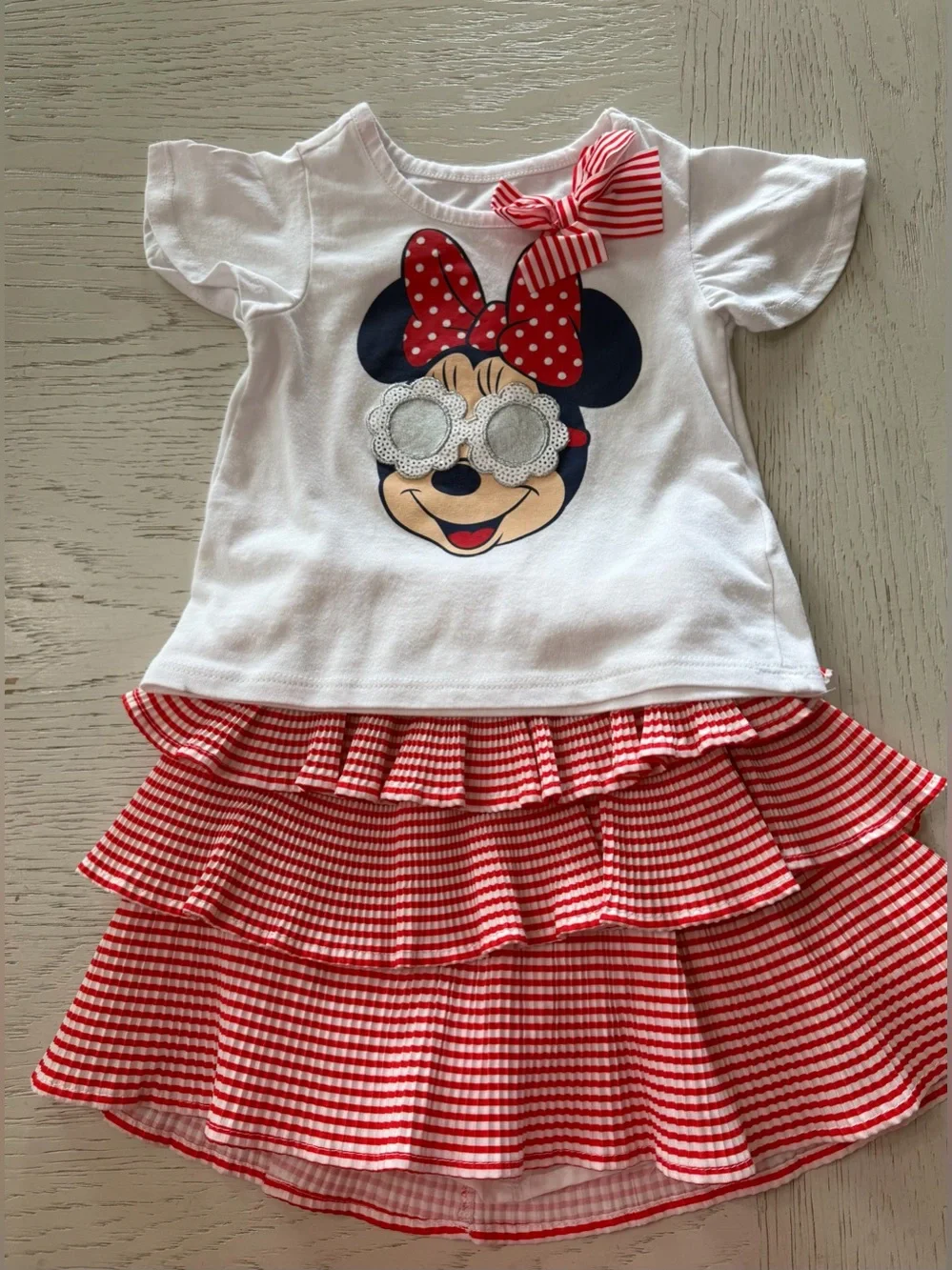 Disney Minnie Mouse White Top Red Striped Ruffle Tiered Skirt Matching Set 4T